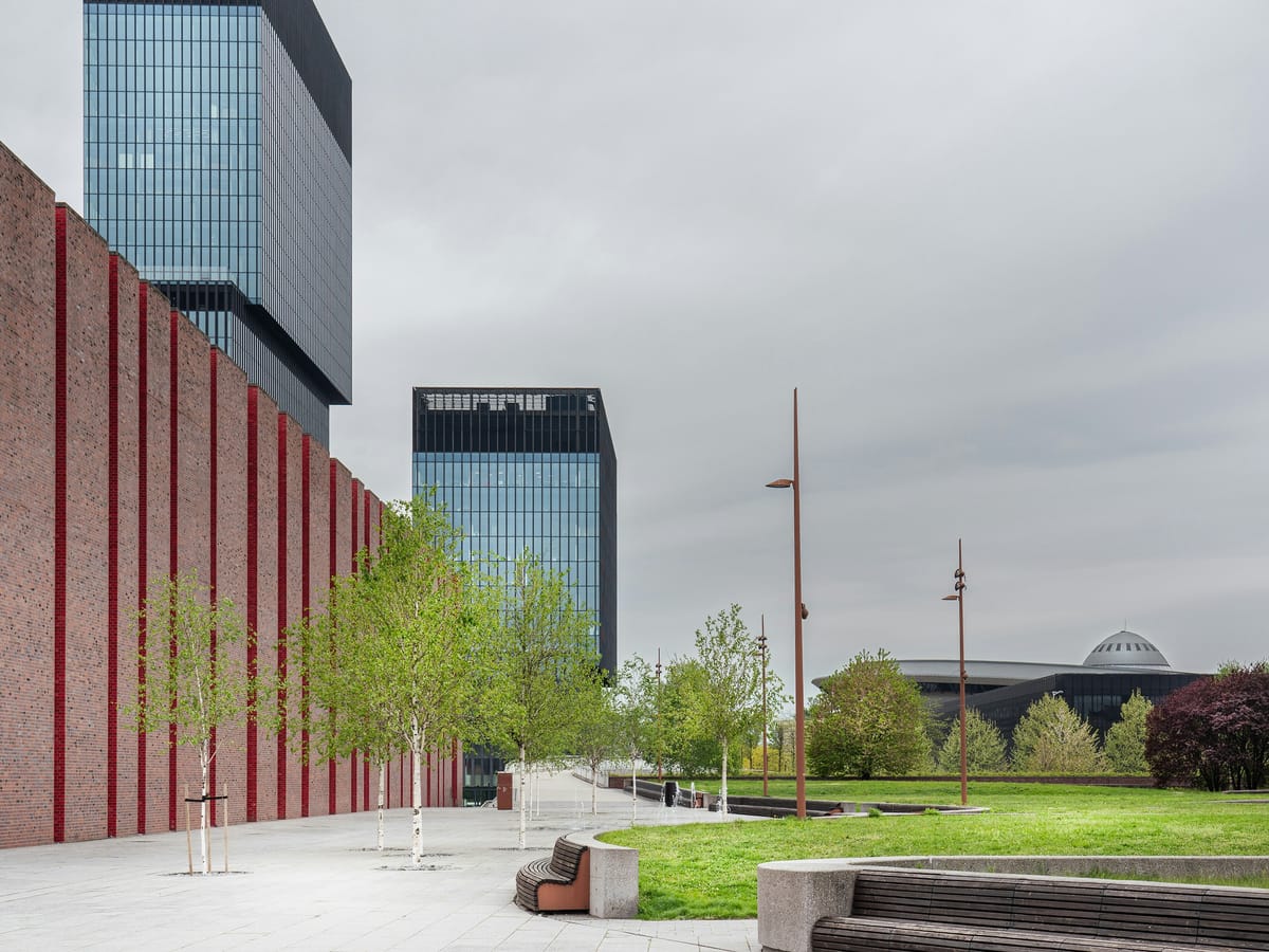 Modern office park with landscaped plaza